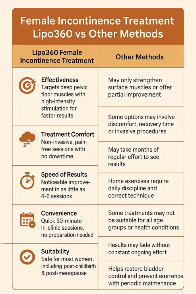 Comprehensive Guide To Female Incontinence Treatment Options 1 Table showing benefits of incontinence treatment West Malling